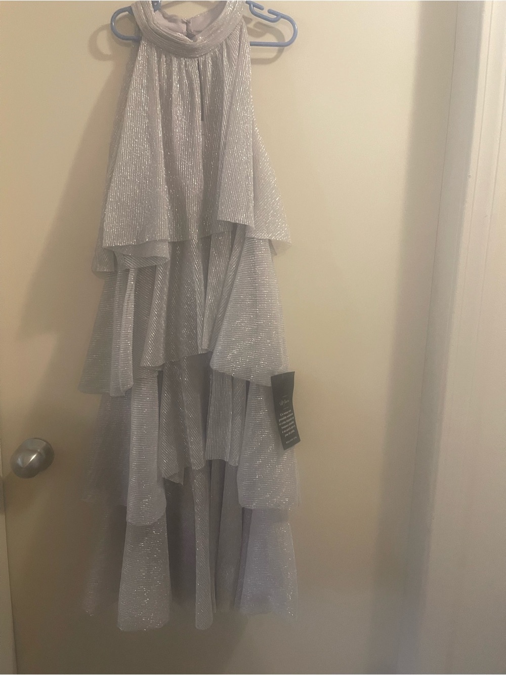 Melanie Lyne Sparkling Silver High-Low Halter Tiered Dress